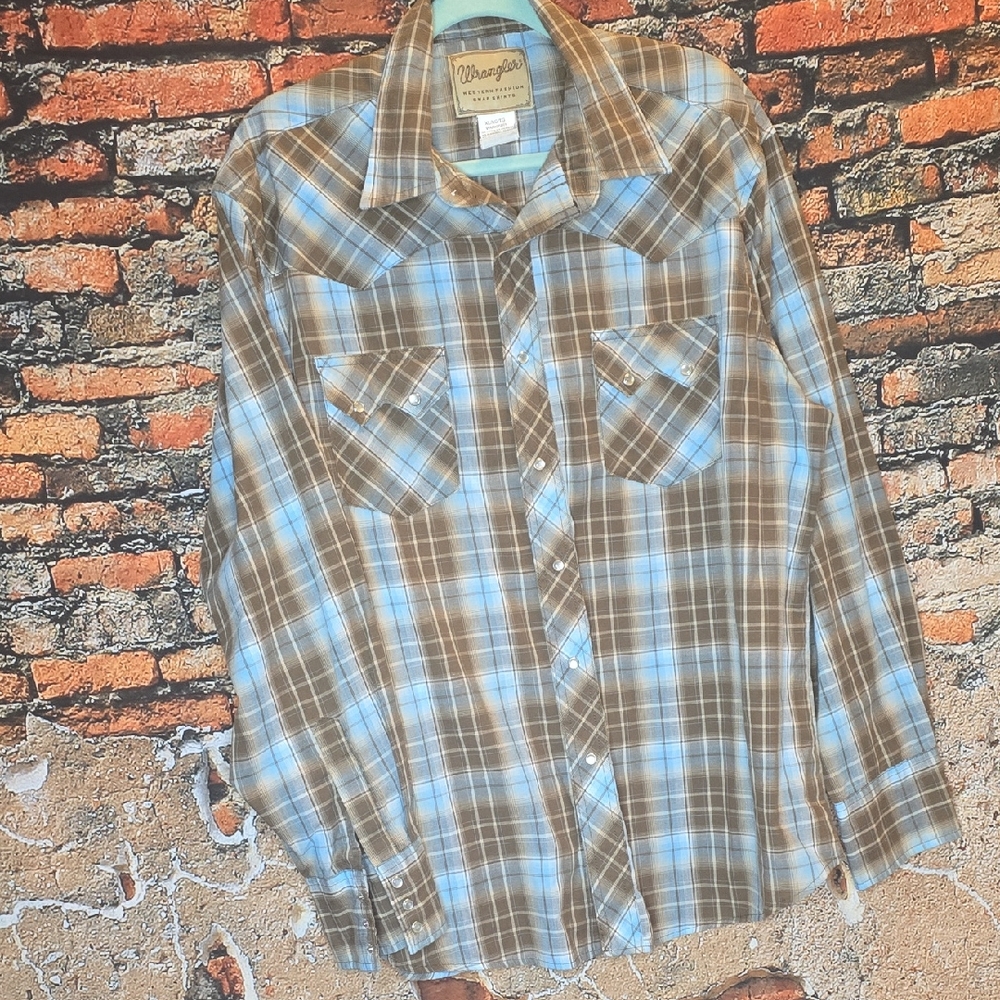 Wrangler Men's Casual Plaid Shirt in Brown and Blue, With Pearl Sanps, Sz XL